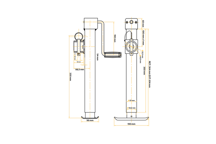 Ištraukiama atrama su UNITRAILER TJ5001+TJ5002A adapteriu 1300 kg bortinei priekabai 364–614 mm