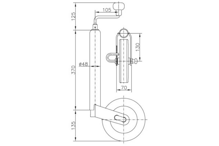 UNITRAILER atraminis ratas 150 kg 48 mm 505–730 mm